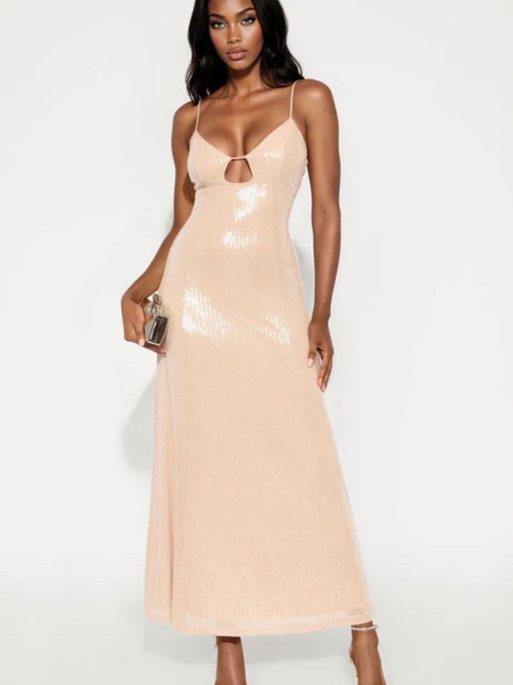 Sequin Slip Maxi Dress in Nude Champagne Blush SIZE XS